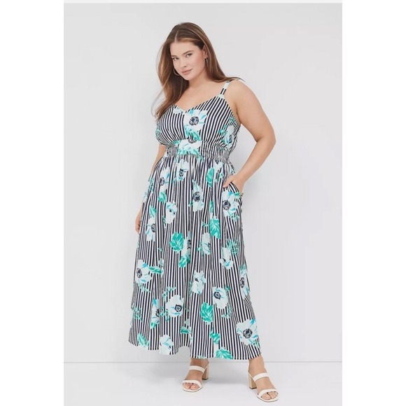 Lane Bryant Dresses & Skirts - LANE BRYANT NAVY FLORAL STRIPE SZ 20 V-NECK RUCHED WAIST MAXI DRESS Floral